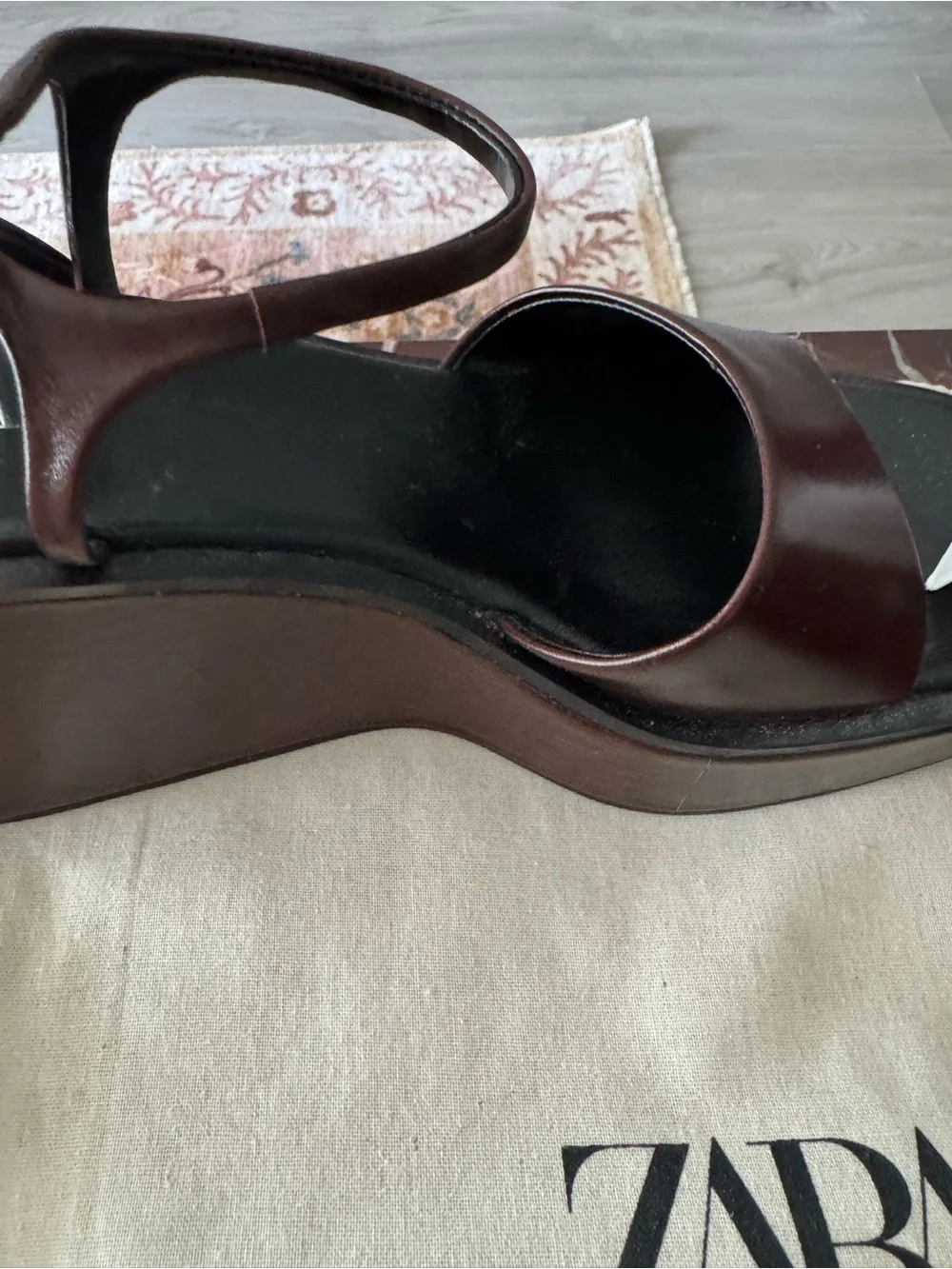 Zara Brown Leather Platform Slingback Sandals
